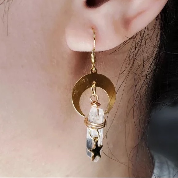 Vintage Aura Quartz Moon & Star Drop Earrings - Picture 3 of 3